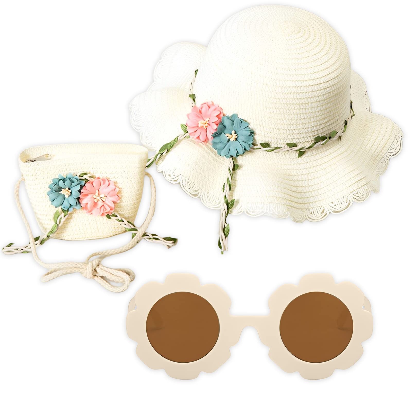 Amycute Sombrero de Paja Trenzado Niñas, Anti UV Gorra Sol ala Ancha, con Bolso Trenzado y Gafas de Sol, Sombrero de Visera Flores, para Verano Viaje Beach Piscina al Aire Libre