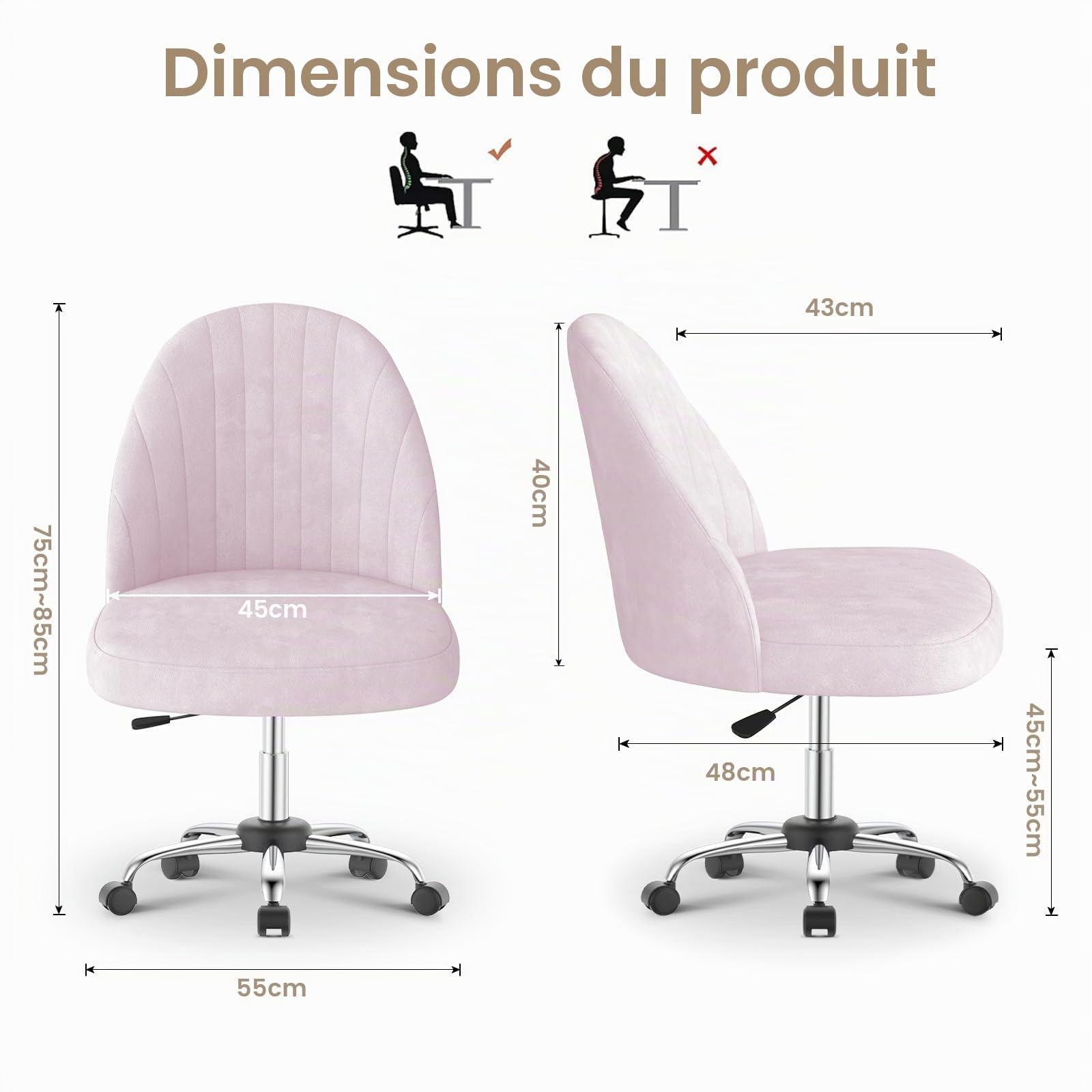 naspaluro Chaise de Bureau, Fauteuil Coiffeuse en Velours, Chaise de Chambre sans Bras avec roulettes, Siège de Bureau à Domicile, Fauteuil Souple Réglable en Hauteur pour La Chambre à Coucher,Rose