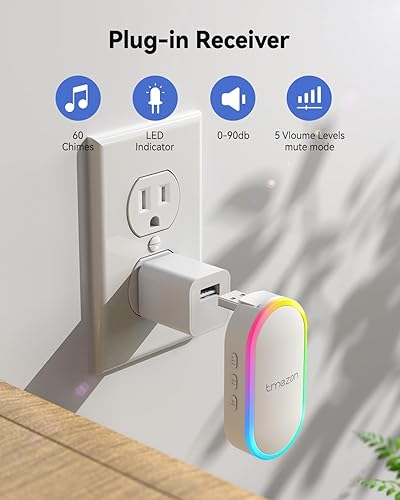 Miniatura 2 de TMEZON Timbre inalámbrico, kit de timbre inalámbrico para exteriores, portátil, timbre con puerto USB, 60 melodías, 5 niveles de volumen, colorido