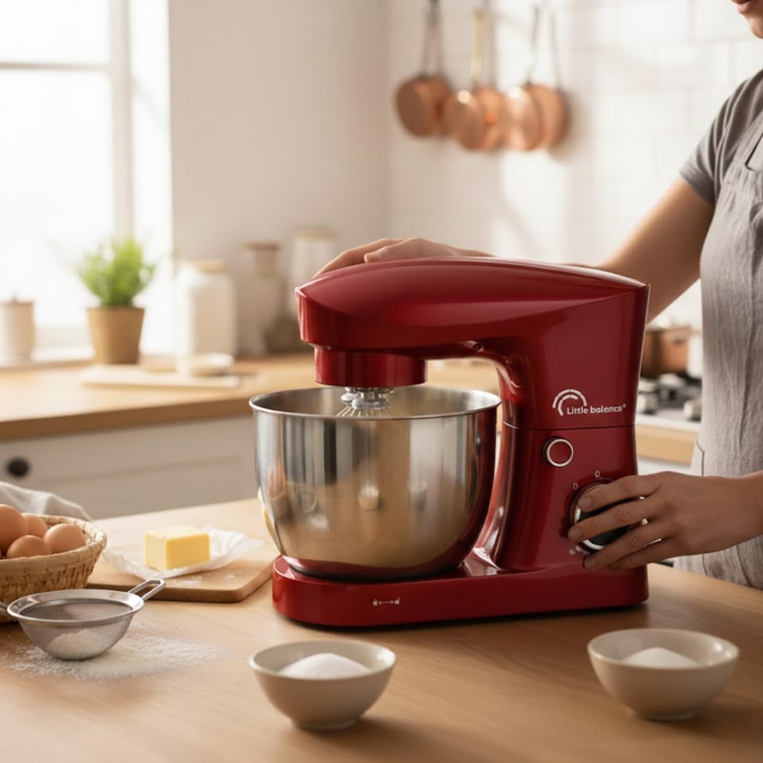 LITTLE BALANCE 3060 Easy Pâtisserie 2, Robot Pâtissier, Bol inox 5 l, 10 vitesses, Fonction Pulse, Tête inclinable, Avec Crochet, Fouet et Batteur pour mélanger, fouetter, pétrir, 1500 W, Piment