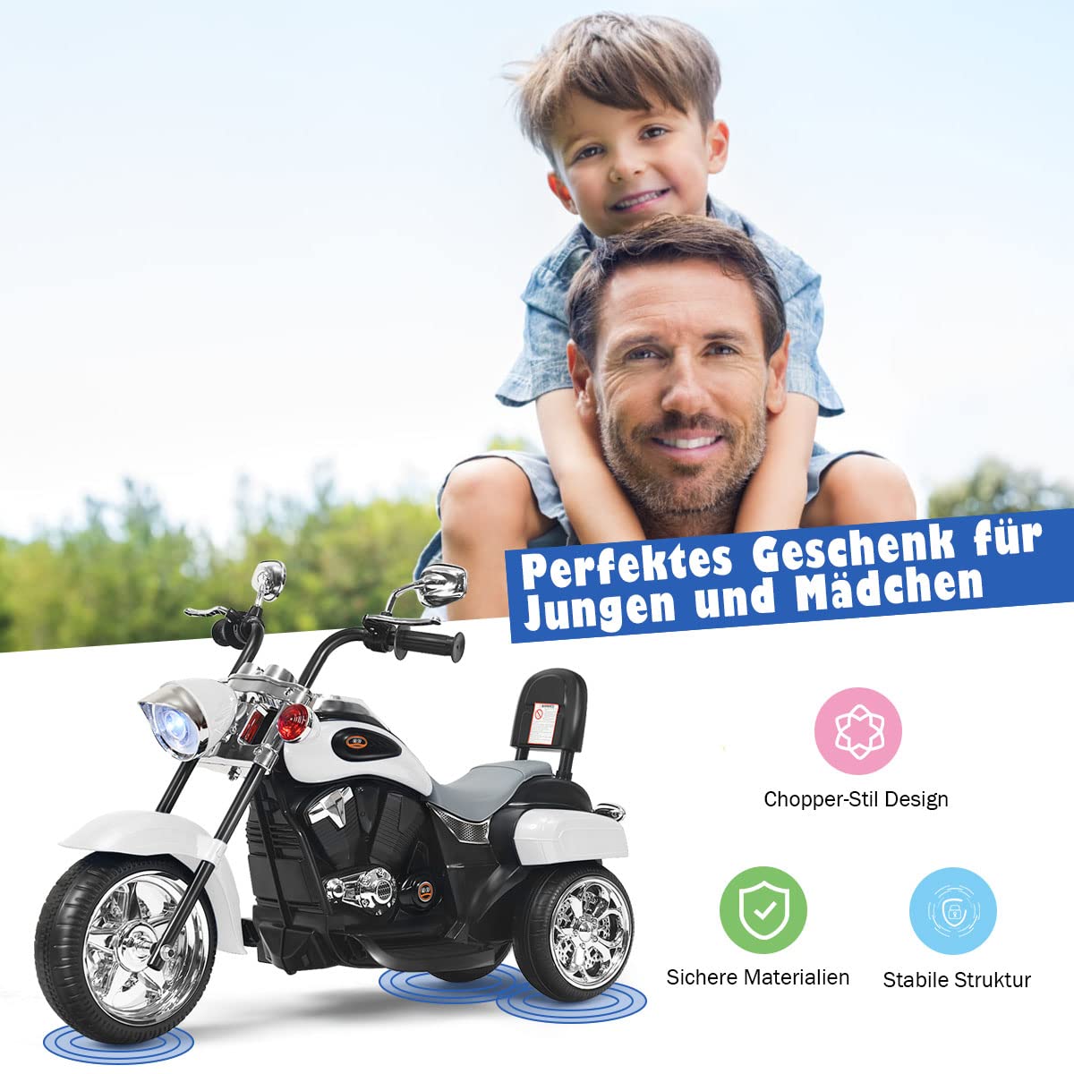 COSTWAY 6V Kinder Motorrad Elektro, Kindermotorrad mit verstellbaren Scheinwerfer & Vorwärts,-Rückwärtsfunktion, Dreirad Elektromotorrad mit Sound & Hupe, 2,5-3 km/h, für Kinder ab 3 Jahren(Weiß)