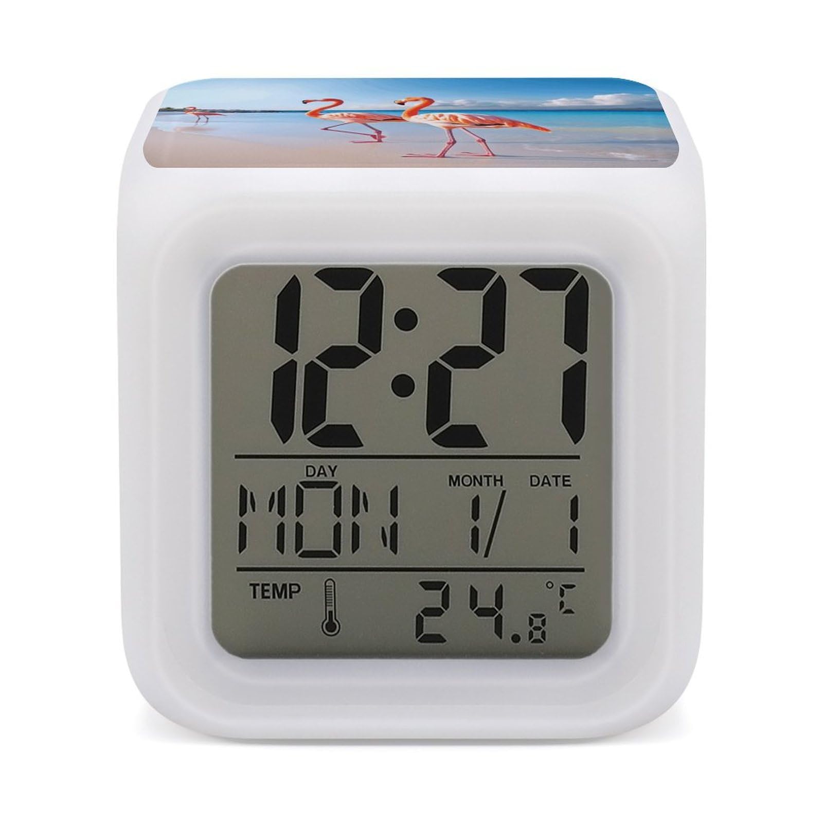 JTREHY 7 Color Changing LED Digital Alarm Clock,Pink Flamingo on Beach Printed Wake-up Clock with Temperature Display Home Decoration Alarm Clock for Bedroom Office