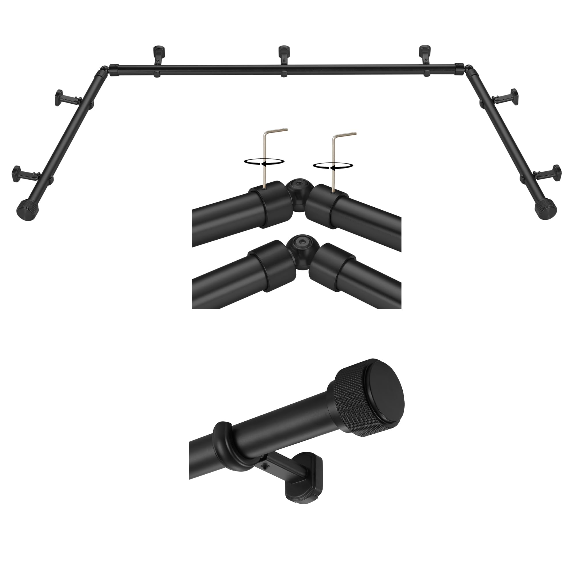 Photo 1 of 1-1/8 Inch Corner Curtain Rod for Windows - Telescoping Bay Window Curtain Rods - Solid Aluminum Finials - Adjustable Concealed Mounting Bracket - 36-72"Center Rod - 20-36"Side Rods - Black