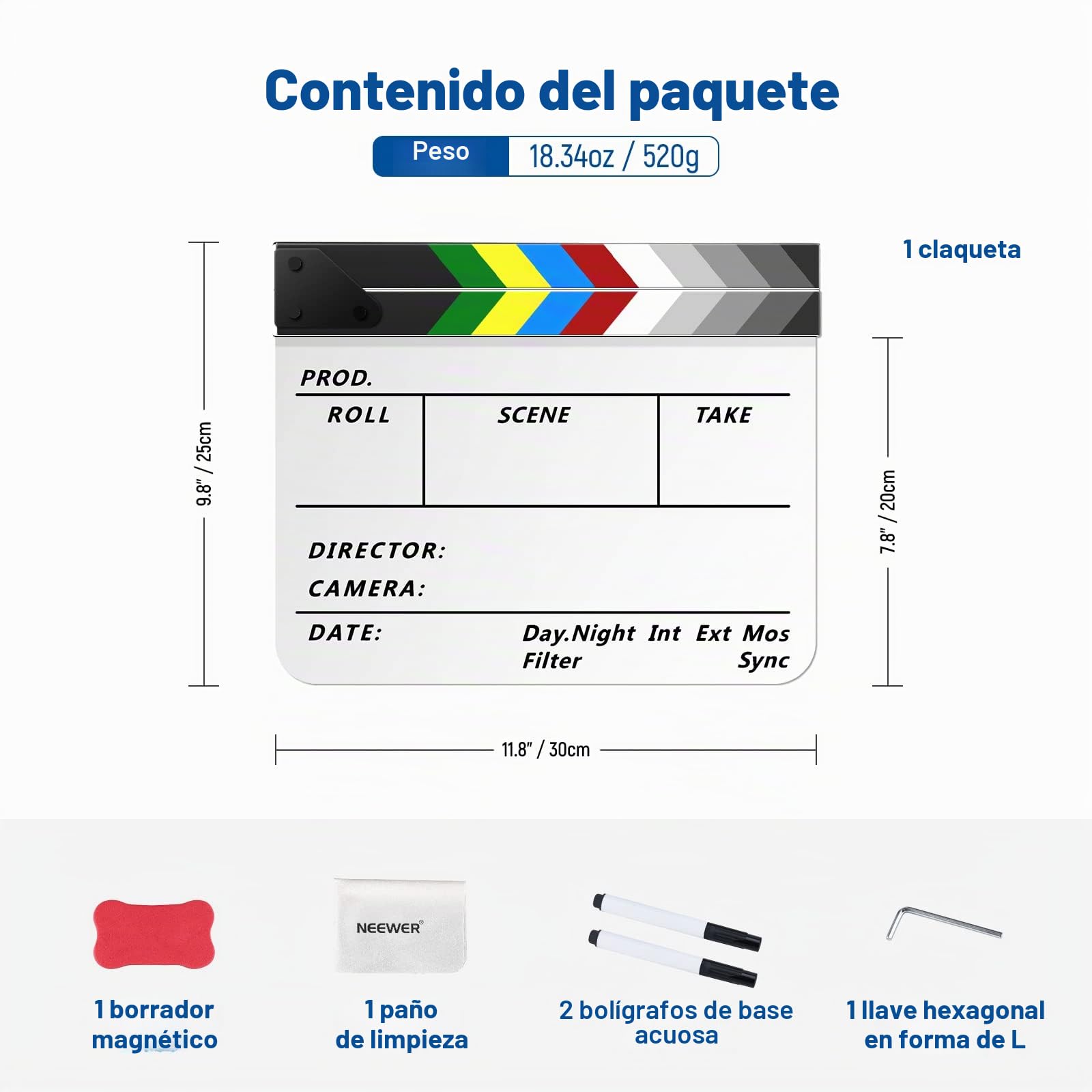 NEEWER Kit de Tablero de Claqueta Acrílica para Directores de Cine, Tablilla de Plástico de 12"x10" con 1 Borrador Magnético, 2 Bolígrafos al Agua, 1 Paño de Limpieza & Llave Hexagonal L (Blanco)