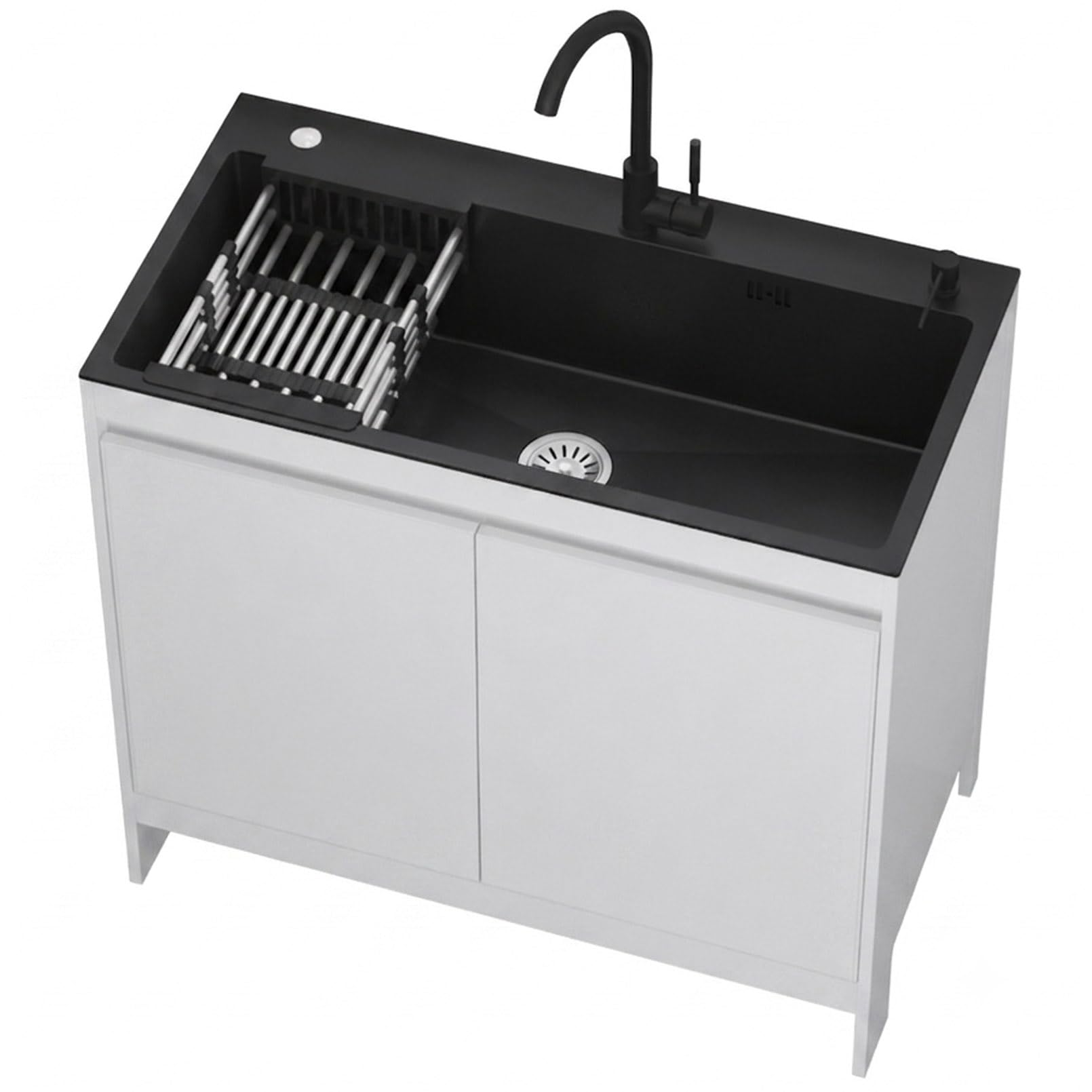 Schwarze Edelstahl Spüle Freistehend mit Unterschrank, Werkstatt & Garage Waschbecken mit Armatur Kalt- Warmwasser, Wabenaluminium Spültisch mit Einlagigem Stauraum & Ablaufset