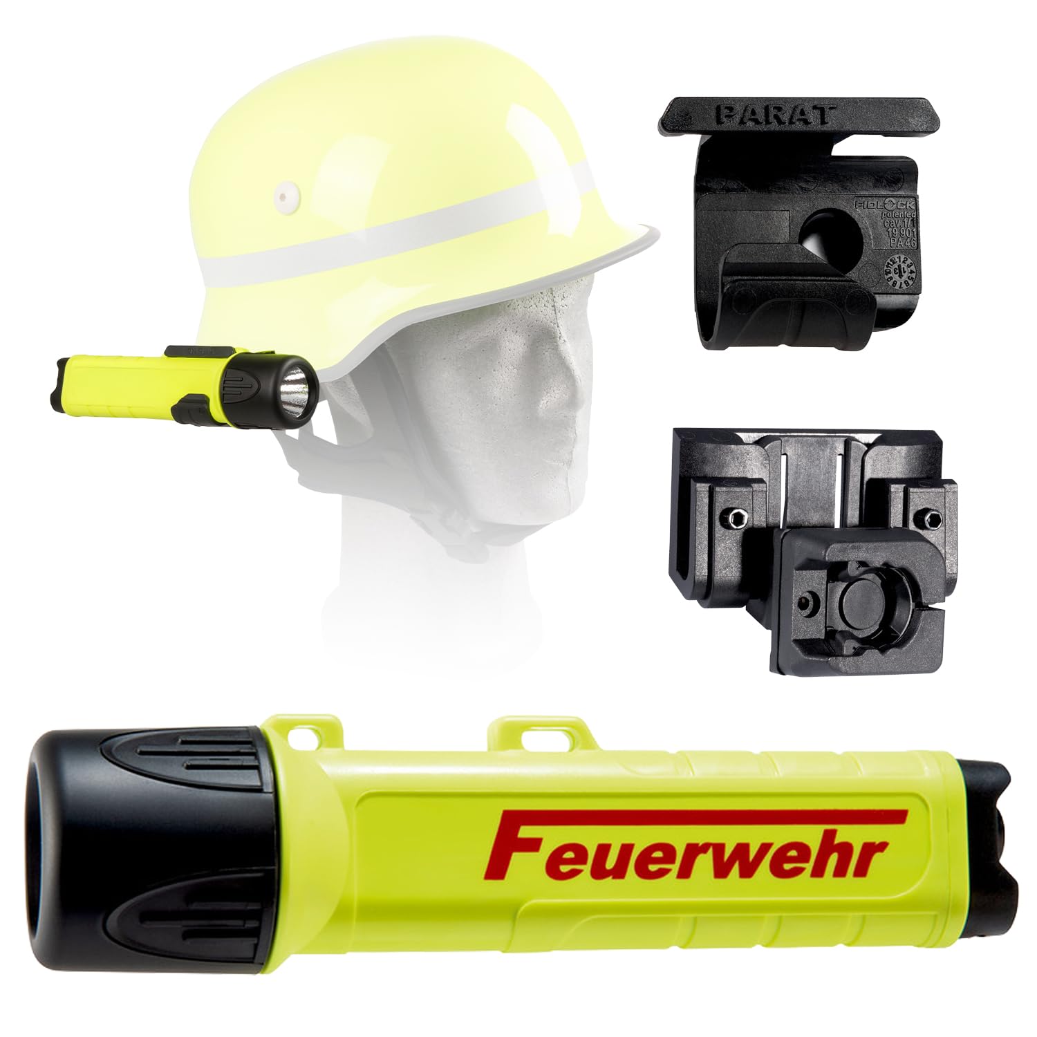 PARAT PARALUX® PX1 FEUERWEHR Set für Schuberth F120 Pro/F130 Rechts | LED Arbeitsleuchte mit 120 Lumen | EX-geschützte LED Taschenlampe | Wasserdichte Helmlampe | inkl. Batterien, Adapter & Halterung