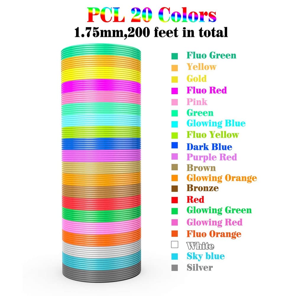 Recambios de PCL de BolíGrafo de ImpresióN 3D de 1,75 Mm, Paquete de 20 Colores Aleatorios, Baja Temperatura de FusióN de 70 ℃, Regalos para NiñOs (200 Pies)