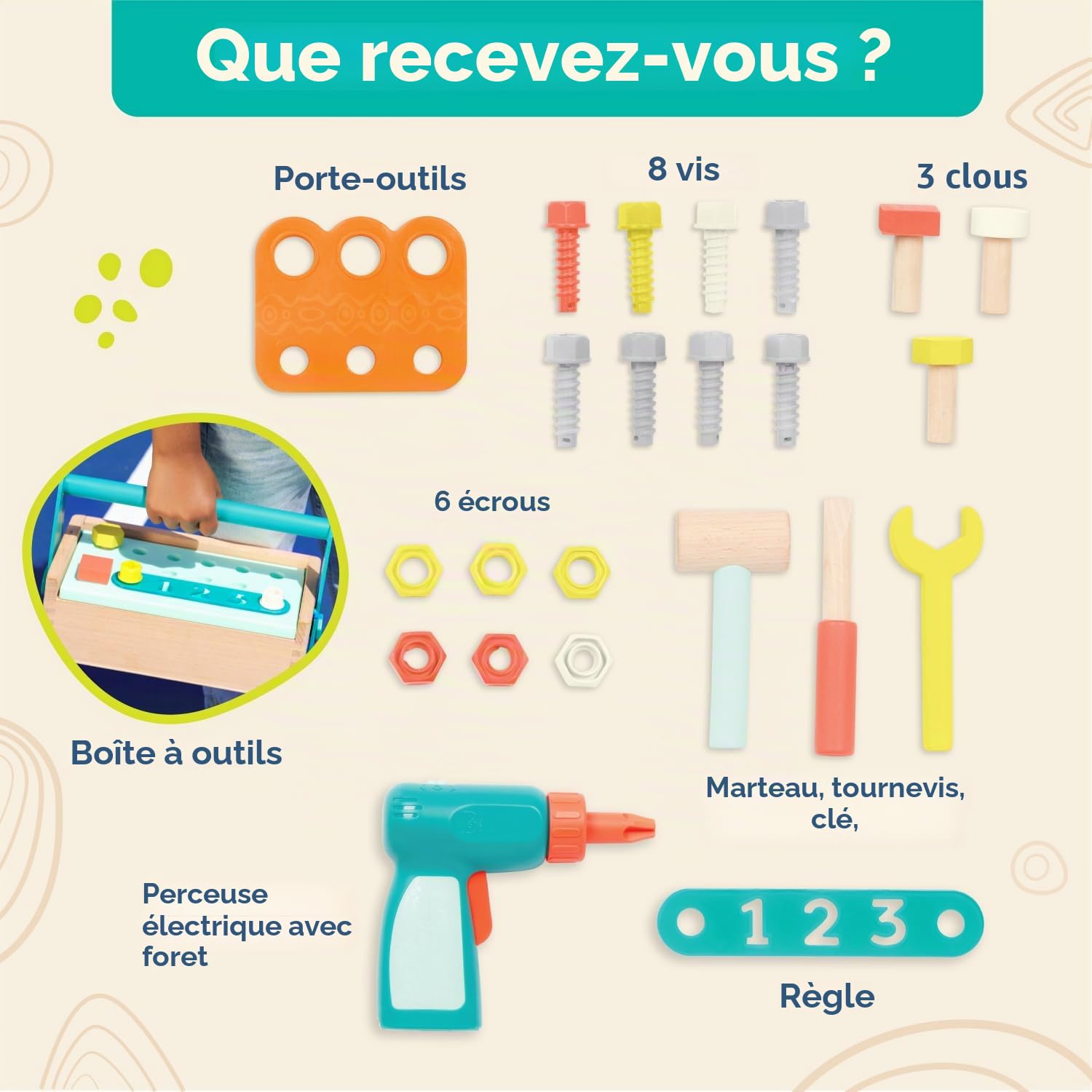 B. toys - Kit Fix 'n' Play, Coffre à Outils en Bois pour Enfants