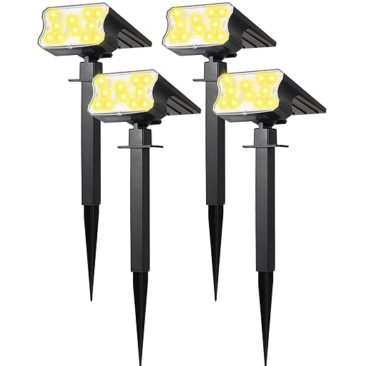 HGGH Solar Lights Outdoor Waterproof IP67, 60 LED 3 Lighting Modes Solar Spot Lights Outdoor for Yard Garden Pathway Landscape, Auto On/Off, Function 2 in 1(Warm White, 4 Pack)