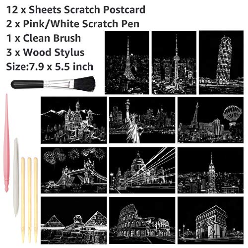 M MUGIT Magic Scratch Art Paper, Mini Envelope Postcard, Rainbow Night View Scratchboard for Adults and Kids, Art & Crafts Set: 12 Sheets Scratch Cards & Drawing Pen, Clean Brush (Landmark Building)