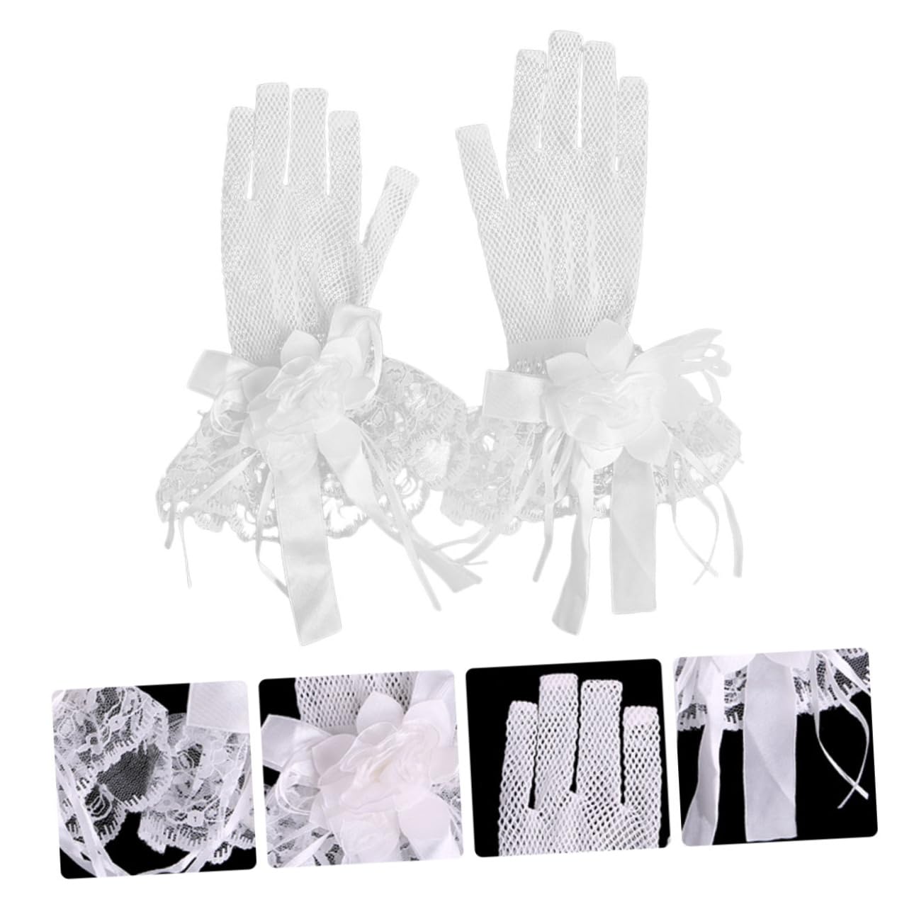 SHERCHPRY Guantes de boda guantes de boda vestido de invitada de boda formal guantes de encaje de las mujeres guantes de flores de encaje guantes de novia de boda cintas… Beige