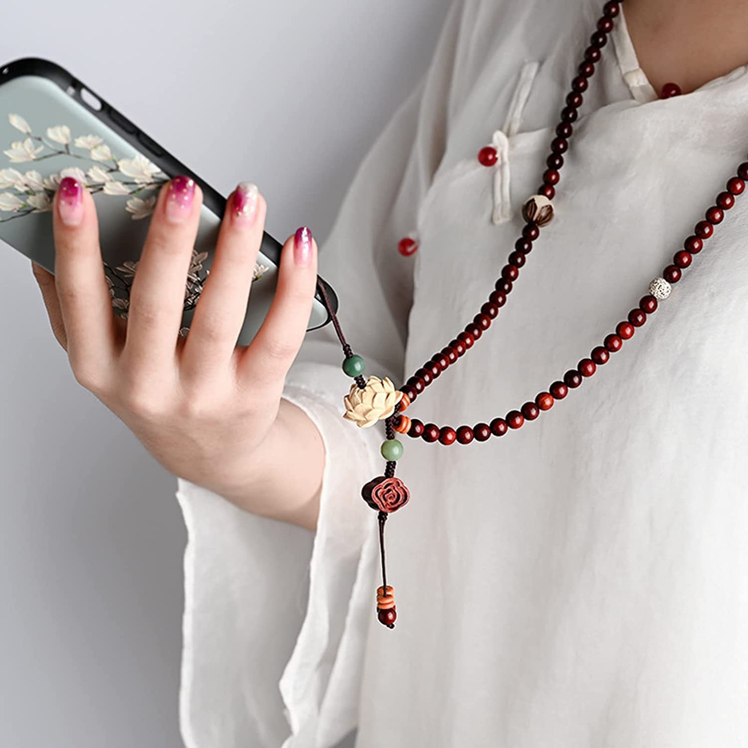 Różaniec, smycz na telefon, pasek na nadgarstek, pasek na telefon, smycz na telefon komórkowy Koraliki z naturalnego drewna 6 mm, pasek na nadgarstek do etui na telefon zroszony, akcesoria do bransole