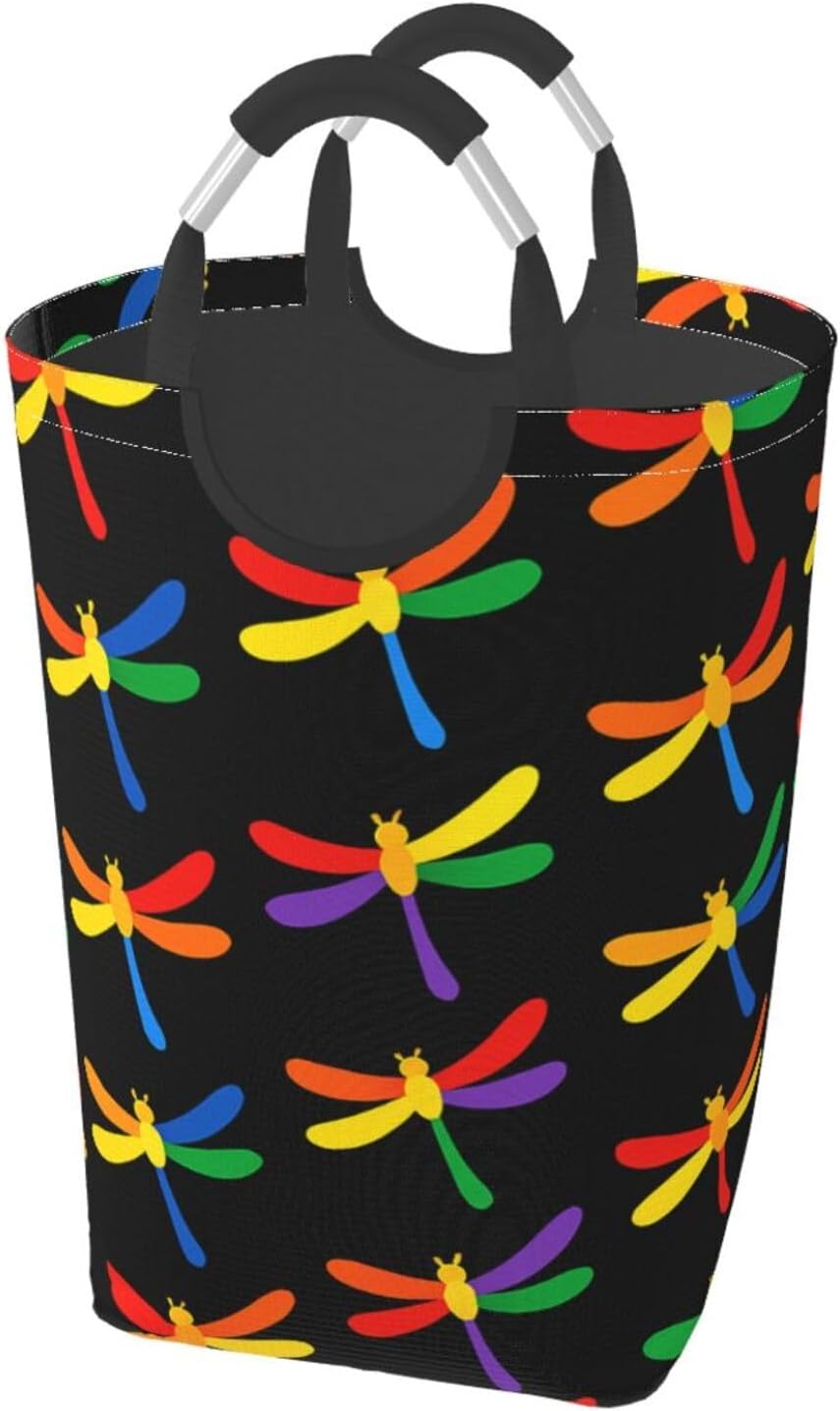 50l Laundry Basket Rainbow Dragonfly Pattern Waterproof Laundry Hamper Foldable Clothes Laundry Bag With Handles