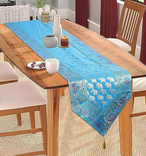 Image of Diwali Room Decor Silk Table Runner Placemats Tea Coaster Set for Living Room 4 to 6 Seater Dinning Table Table Mat Set Centre Table Top Decor Pack of 13 Pcs (Turquoise)