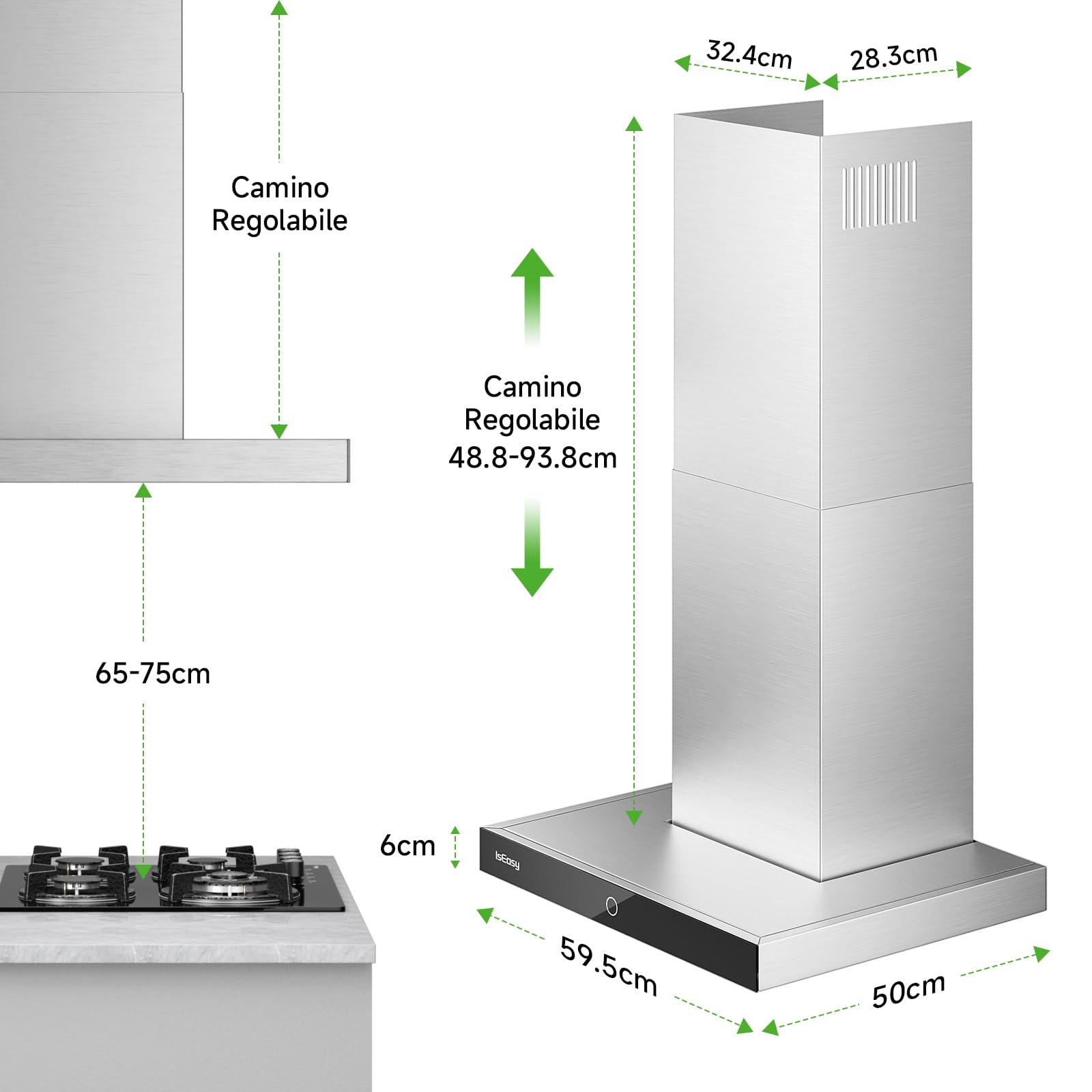 IsEasy Cappa Aspirante Inclinata 60 cm, Cappa Cucina con 590m³/h Forte Potenza di Aspirazione, 4 Livelli di Regolazione, 1-9 Minuti di Ritardo di Arresto, 67 dB, Argento, Class A++