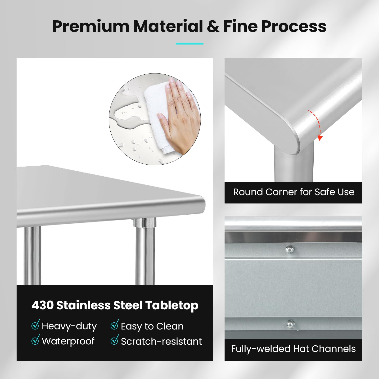 GIANTEX Mesa de Acero Inoxidable con Ruedas Universales, Carrito de Trabajo con Sobremesa Amplia y Estante Inferior Ajustable, Mesa de Preparación de Metal Móvil para Cocina, Restaurante