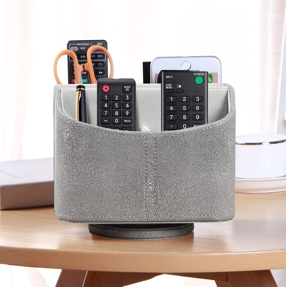 PUSU Remote Control Holder PU Leather 360 Degrees Rotatable Desktop Supply Organizer Storage Box for Controllers Media Stationery Nightstand TV Caddy E-reader iPad Phone Pen/Pencil Cosmetic