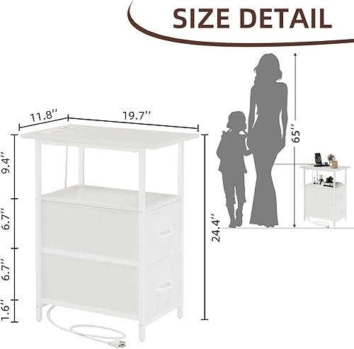 Miniatura 3 de Somdot Mesa auxiliar con estación de carga, mesa auxiliar con puertos USB y salida con 2 cajones de tela, mesa delgada para espacios pequeños,