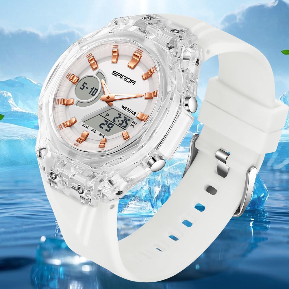 FANMIS Montre de Sport Unisexe à Double Affichage – Étanche jusqu'à 5 ATM – Montre Tactique analogique numérique avec Jour, Alarme, chronomètre et Bracelet en TPU – Montre-Bracelet à Quartz Tendance