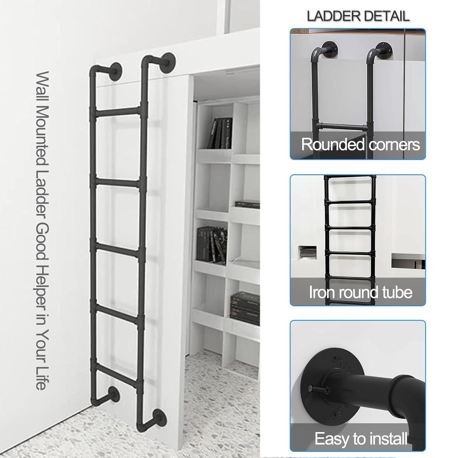 Escalera antideslizante, escalera de escape de incendios de hierro de Metal ferroso montada en la pared, escalera de seguridad del techo al aire libre con camión ático pesado de 330 libras,Black-1.4M