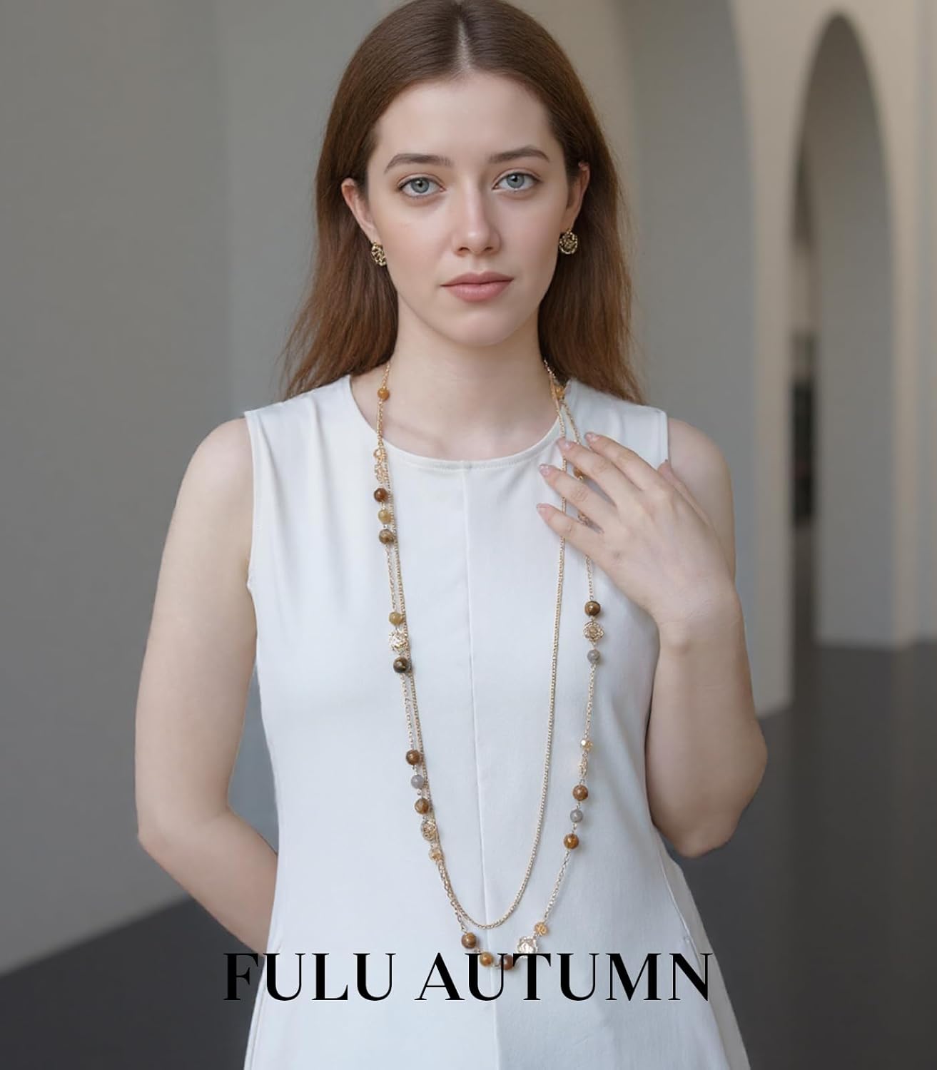 FULU AUTUMN Boho Gold Long Necklaces for Women Natural Stone Beaded Layered Long Necklace Mothers Day Gifts Dainty Flower Costume Jewelry for Women - Image 3