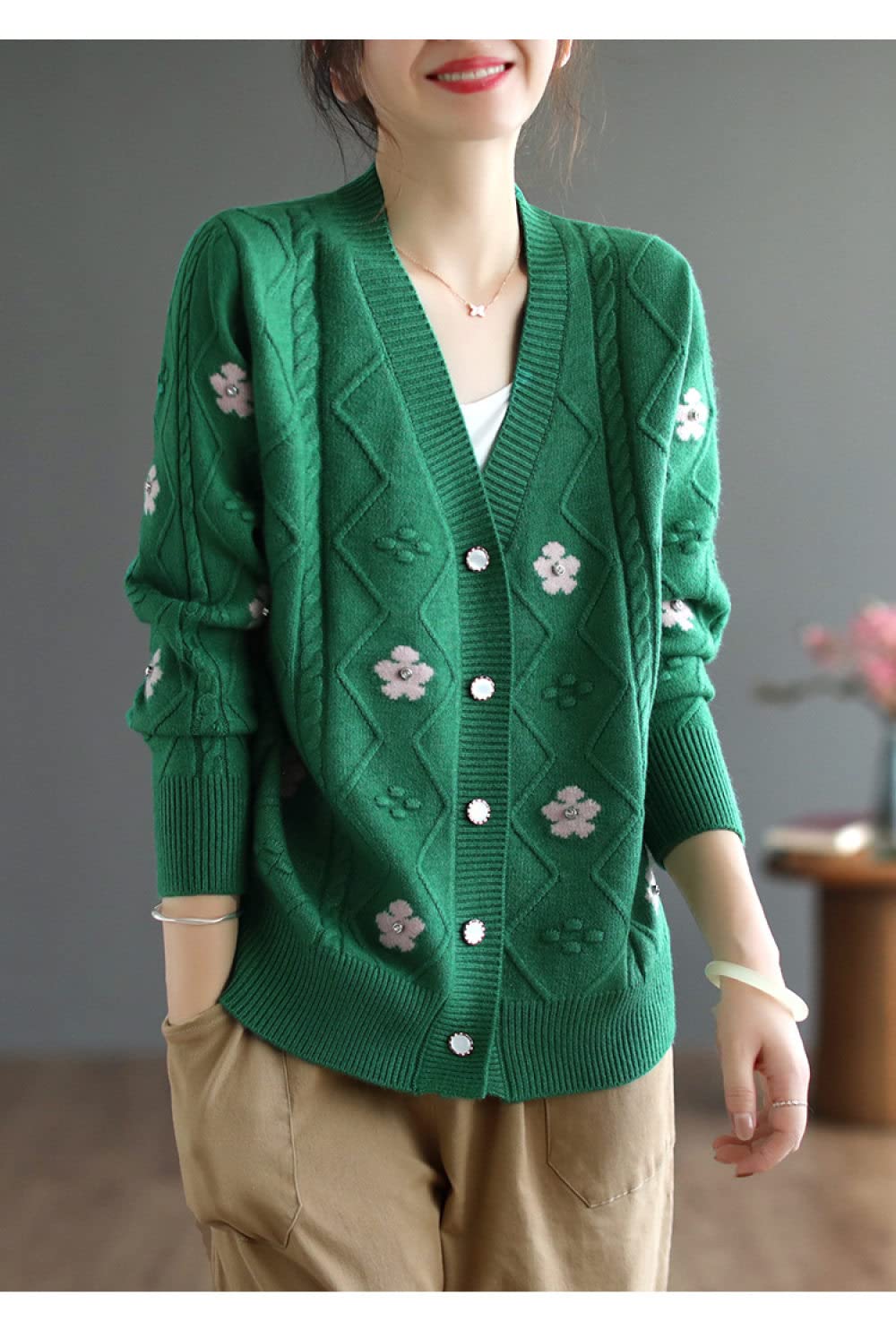 EIBA Chaqueta De Punto Mujer,Cárdigans De Punto para Mujer Flor Vintage Cable Jacquard Botón con Cuello En V Manga Larga Suéteres Delanteros Abiertos Cárdigan Otoño Elegante Chaqueta De Abrigo De PU