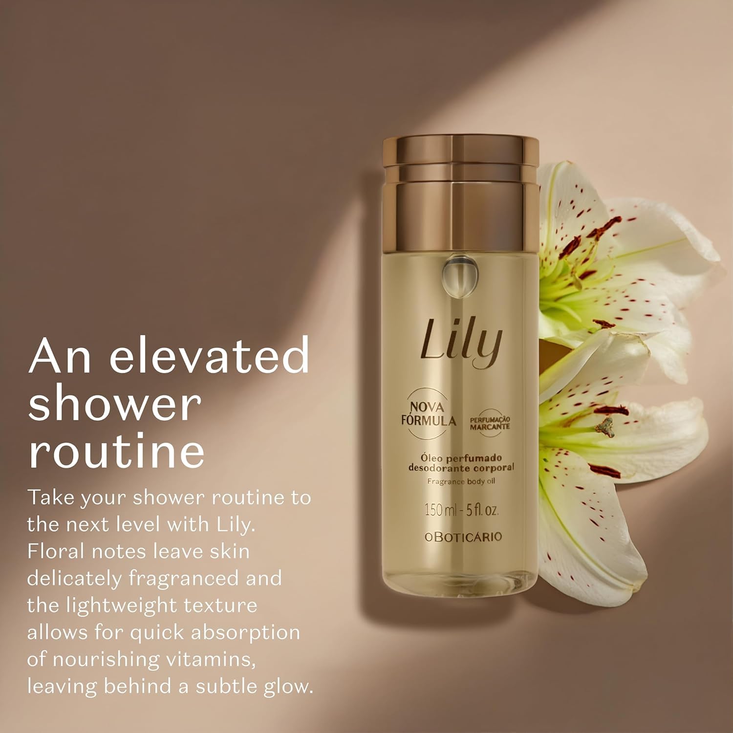 O Boticário Lily - Set regalo con profumo e cura della pelle, con 2 prodotti, crema idratante per il corpo da 250 g e olio per il corpo profumato da 150 ml