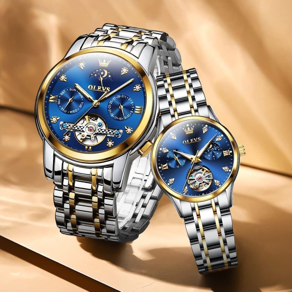 OLEVS Valentines Couple Pair Automatic Watches His and Her Couple Set Diamond Wrist Watch Men and Women Lovers Wedding Romantic Gifts Set of 2