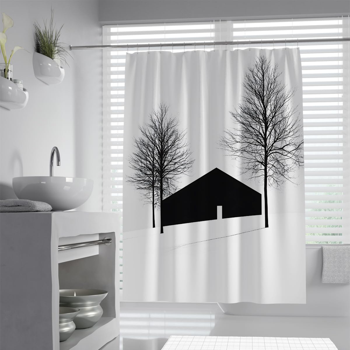 UIRINGART Nordic Winter Cabin Shower Curtain W120xL180cm Minimalist Geometric Barn Bare Trees Pattern Anti Mould Washable Guest Toilet Bathroom Screen With Hook