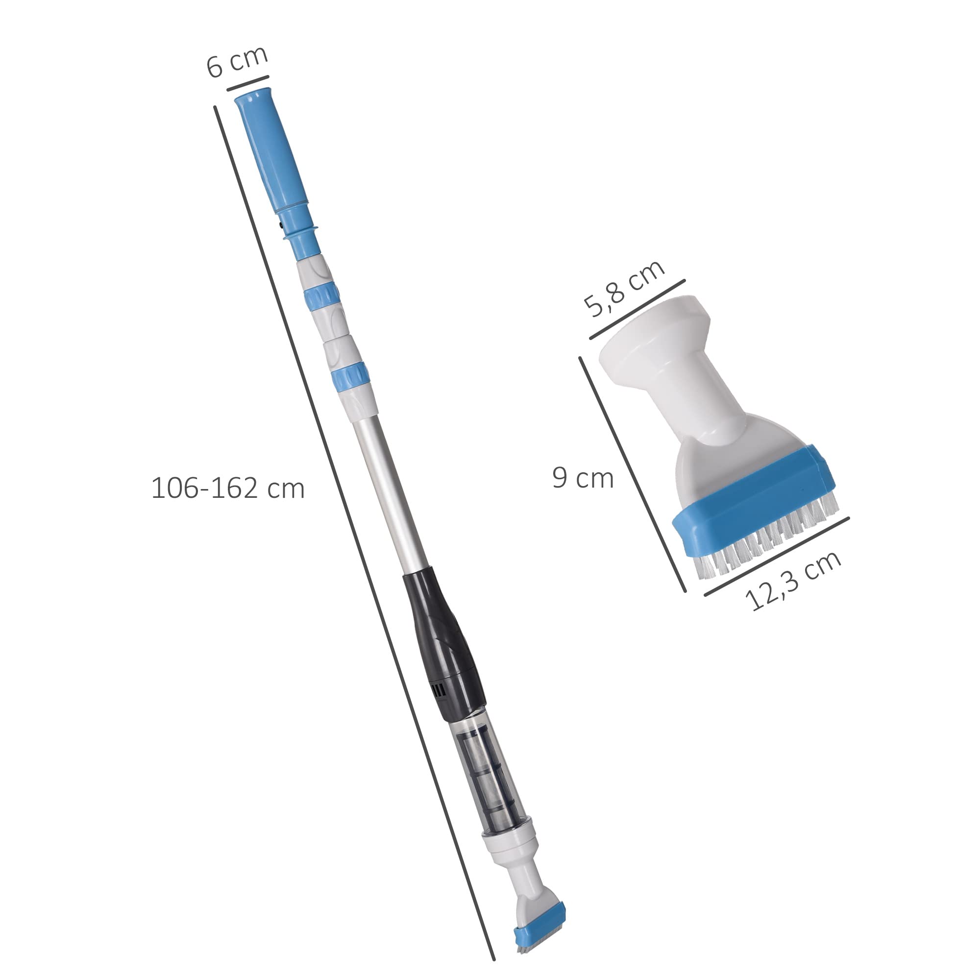 Outsunny Limpiafondos Eléctrico para Piscinas de Aluminio Limpiafondos de Piscinas Manual con Poste Telescópico de 3 Secciones para Estanques Ø6x106-162 cm Azul y Blanco