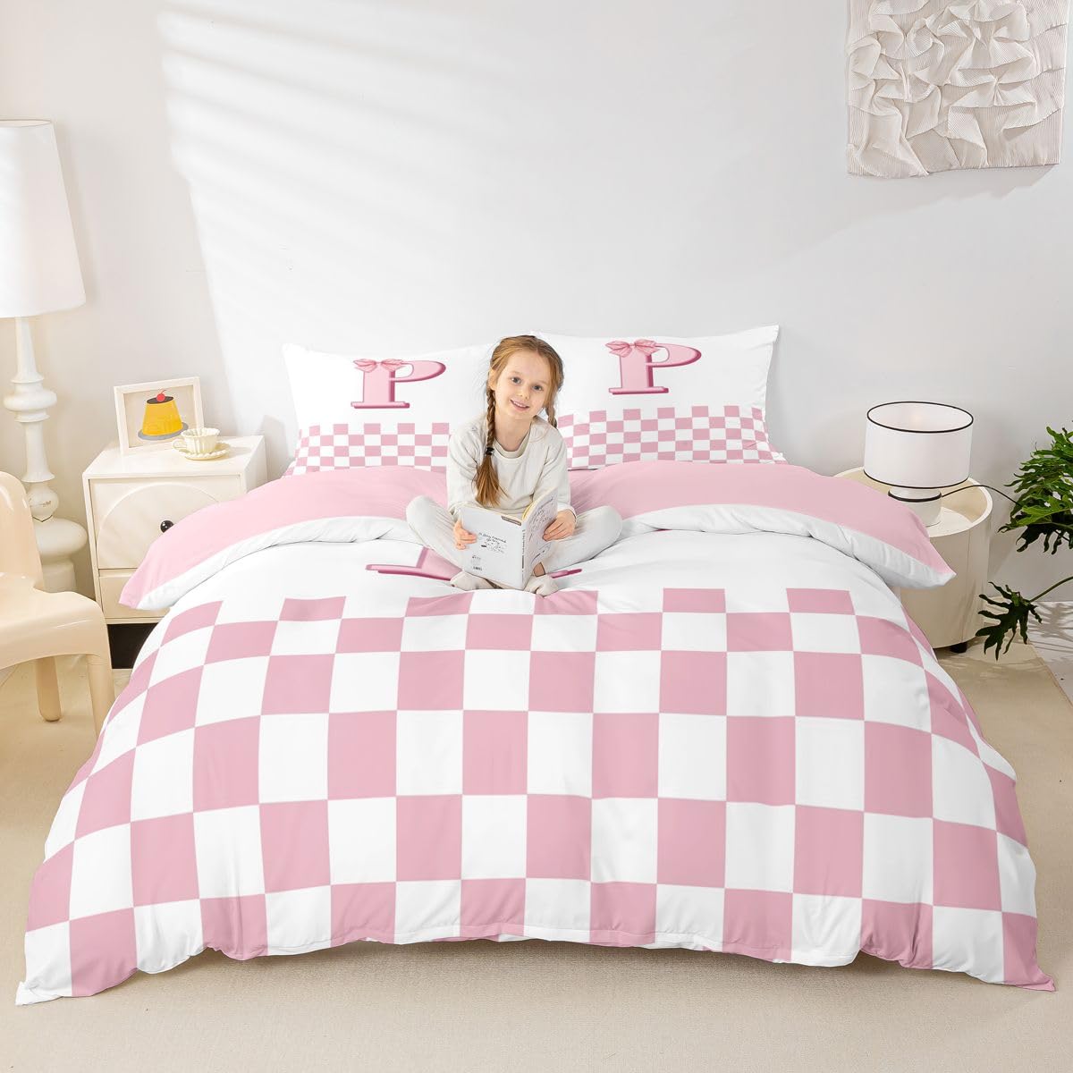 Homewish Białe i różowe zestawy poszewek na kołdrę w rozmiarze king size geometryczne siatki w kratę inicjał P pościel dla dorosłych nastolatków kobiet wstążka muszka estetyczna poszewka na kołdrę