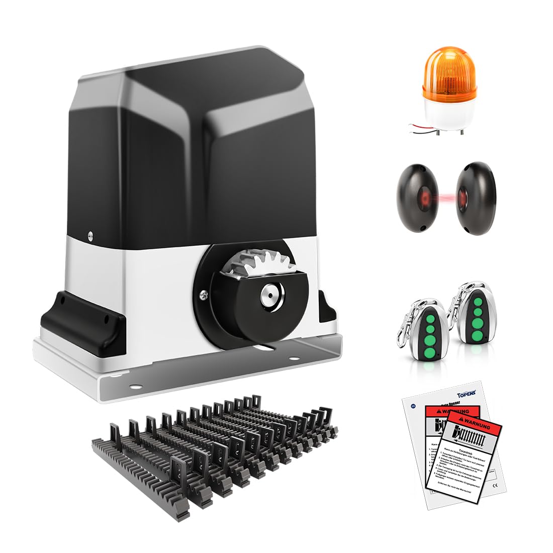 TOPENS RK1200T Automatic Sliding Gate Opener Rack Drive Electric Gate Motor for Heavy Driveway Slide Gates Up to 1500kg, Security Gate Operator AC Powered with Gear Rack, Beacon and Photo Sensor
