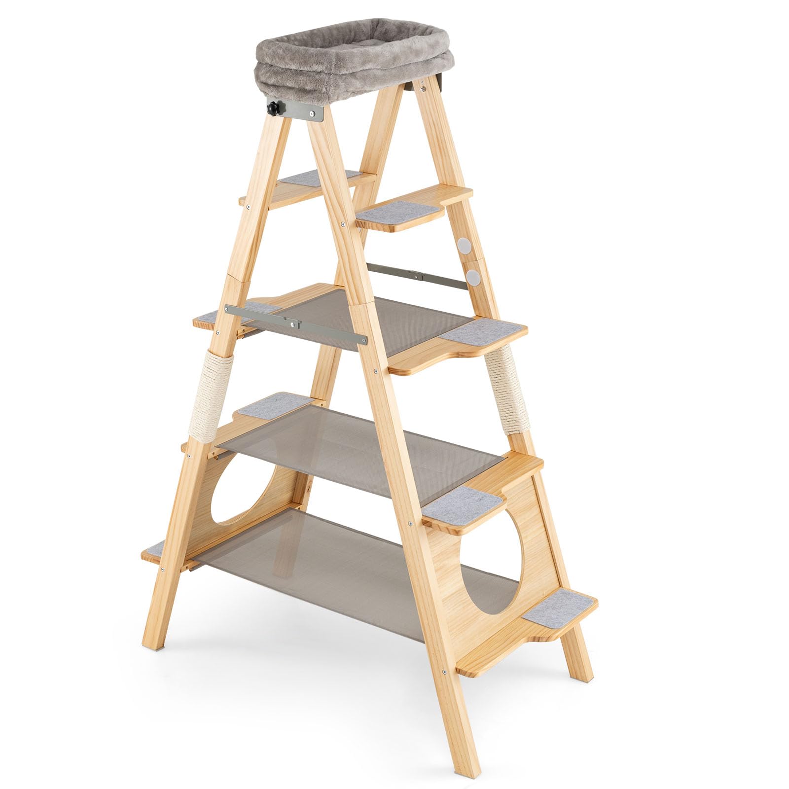 COSTWAY Árbol para Gatos de Madera Maciza, 151 cm, Rascador Gato Plegable con Escalera, Torre Alta para Gatitos de 5 Niveles con Cama, Perchero Tapizado y Poste Rascador de Sisal, Natural y Gris