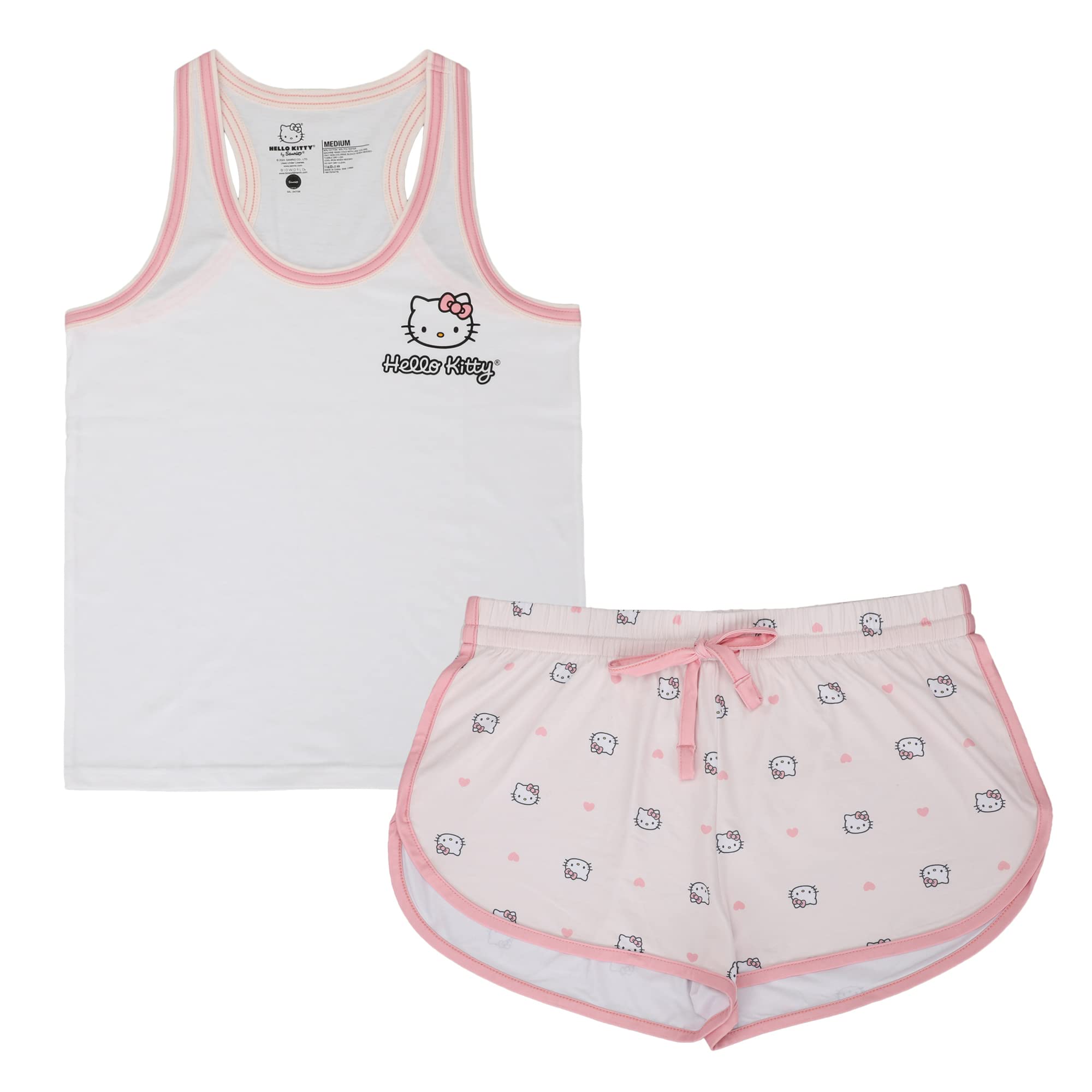 Bioworld Hello Kitty Character Hearts Women's Racer Back Tank Top & AOP Dolphin Lounge Shorts Sleepwear Set