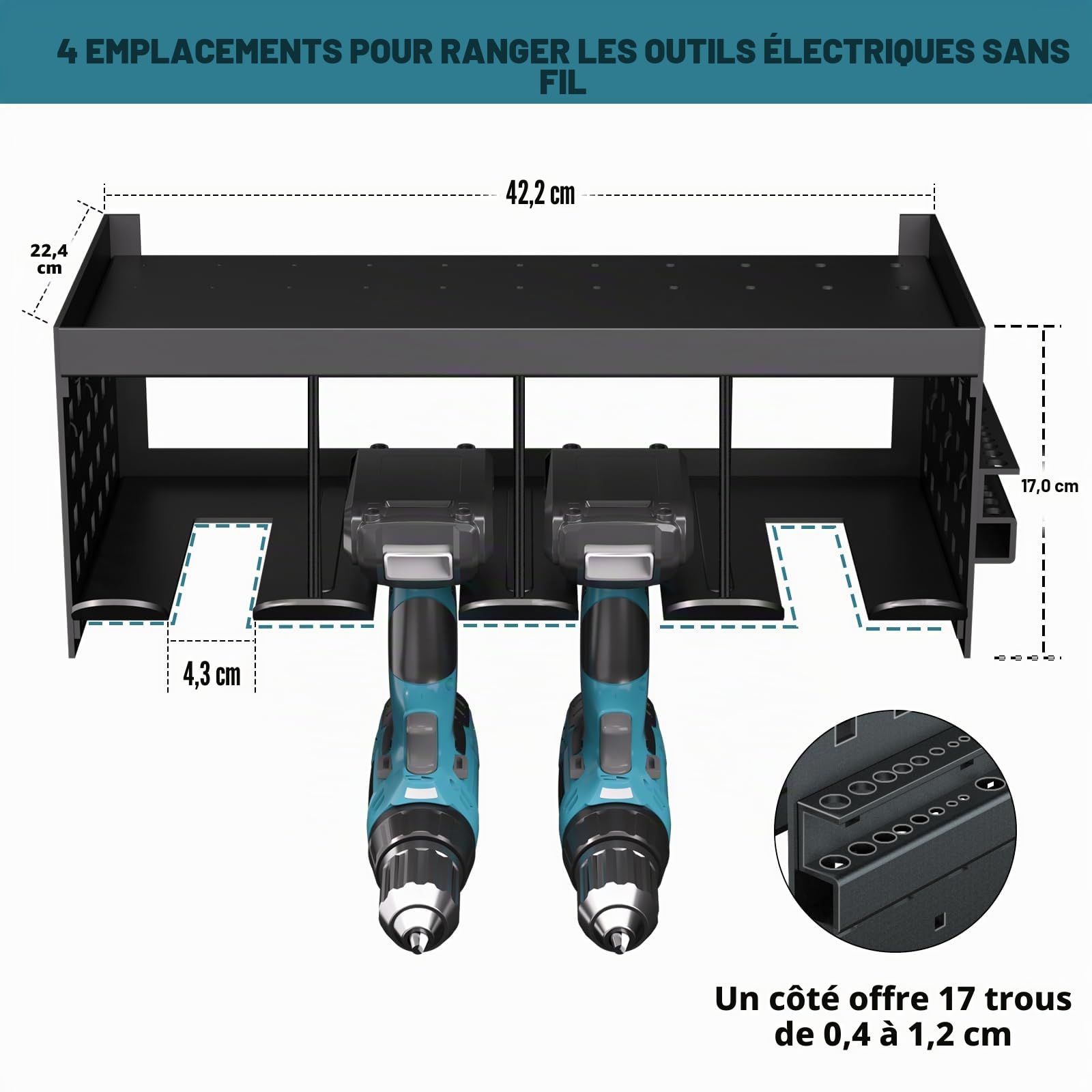 Rangement pour outils-Support mural - Perceuse à percussion - 4 emplacements - Pour perceuse électrique - Montage mural - Étagère de rangement - Tournevis - Organisateur d'outils