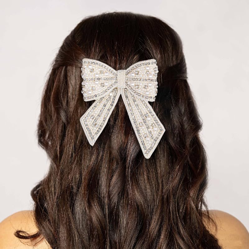 Hair Drama Co. Pearl Hair Bow With Barrette Clip | Embellished Crystal Hair Bow - Off White | Long Tail Hair Ribbon Slides With Metal Barrette Clips | Handmade French Hair Accessories
