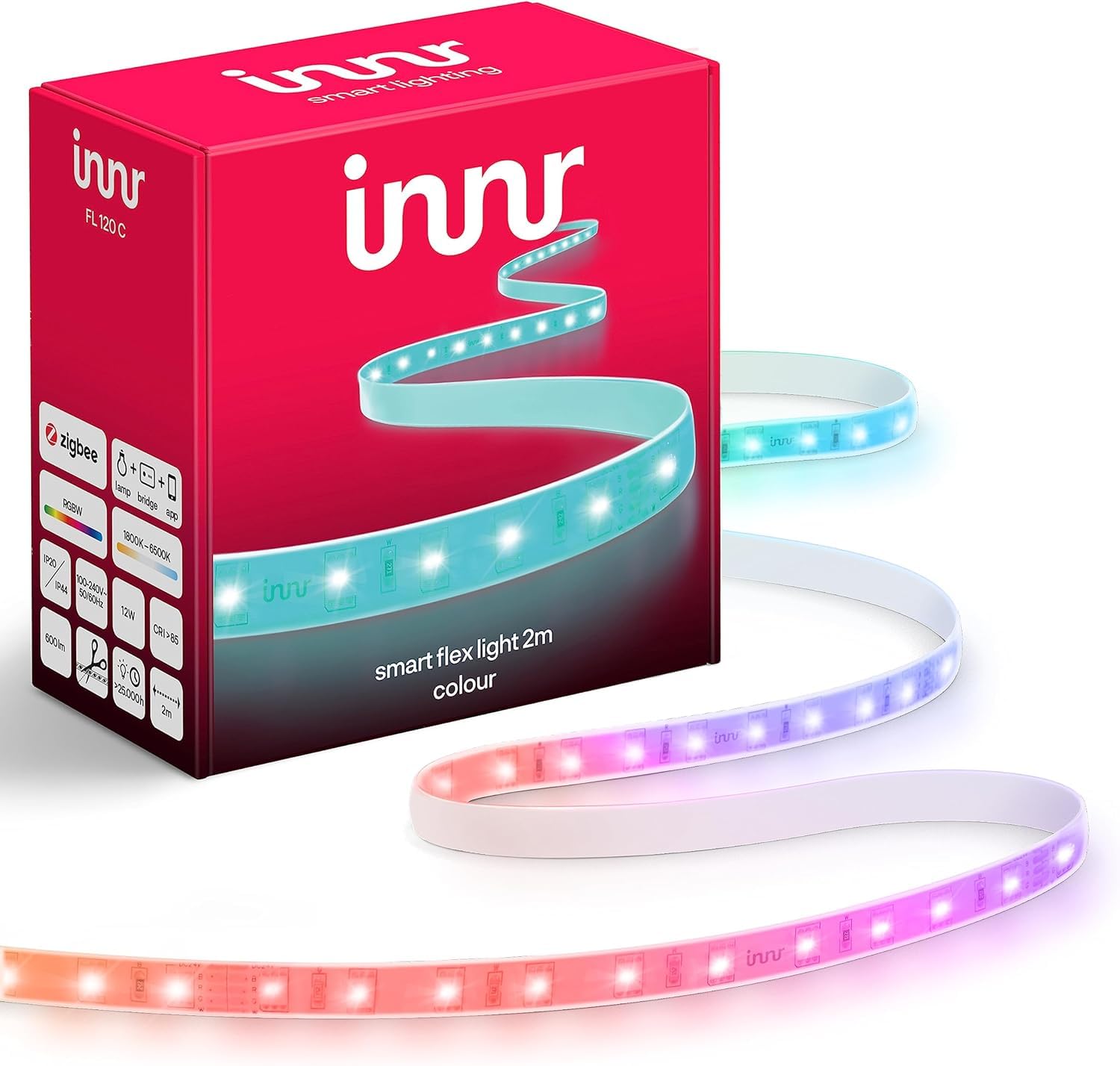 innr innr Flex, 2m Color Striscia LED, funziona con Philips Hue*, Alexa & Google (Hub Richiesto) Dimmerabile, 200 cm RGBW lightstrip, 2 metri, FL 120 C