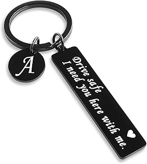 CINDYHE Drive Safe Keychain for Boyfriend Valentines day I Love You Gifts for Him I Need You Here With Me 26 Letters Black Keychain (Black keychain letter A)