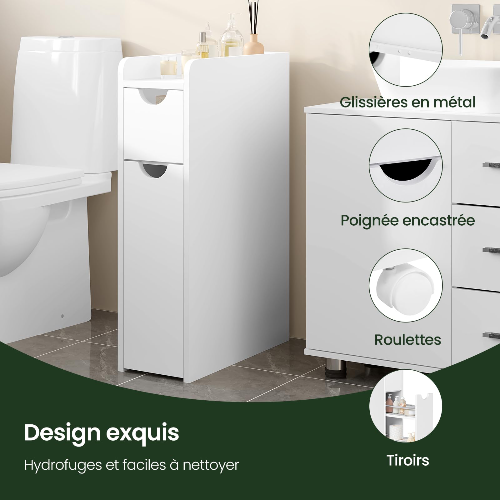 EUGAD Meuble Salle de Bain, Armoire Salle de Bain Étroite, avec 2 Tiroirs, en Bois d'Ingénierie, Blanc, 19x45x70cm