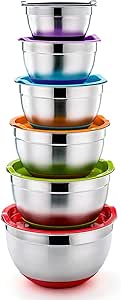 TEAMFAR Mixing Bowl Set of 6, Stainless Steel Baking Nesting Bowls Set with Multicolord Lids &amp; Non-Slip Silicone Base, Non Toxic &amp; Versatile, Easy Clean - 0.7/1.2/1.6/2.5/2.8/4.6L
