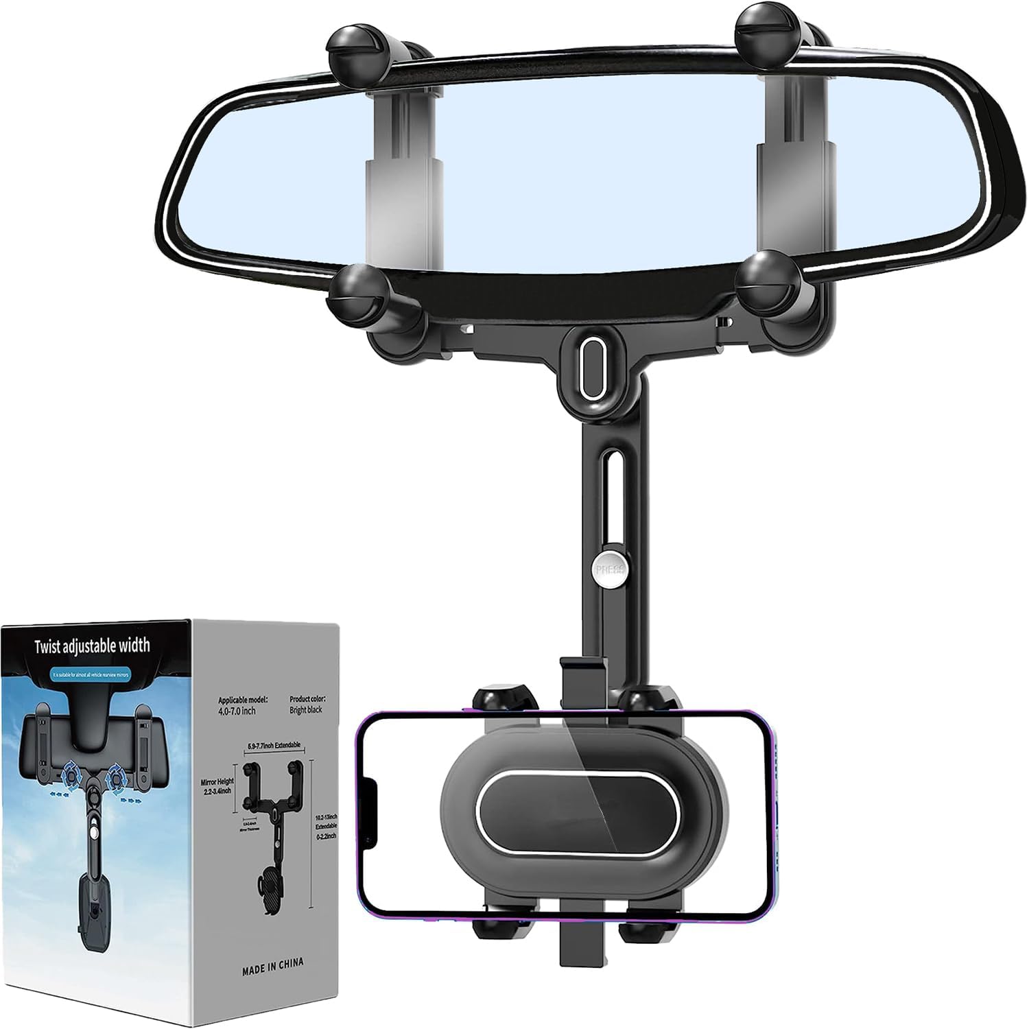 POWDAPTE Rear View Mirror Phone Holder, 360°Rotatable, Retractable Car Phone Holder