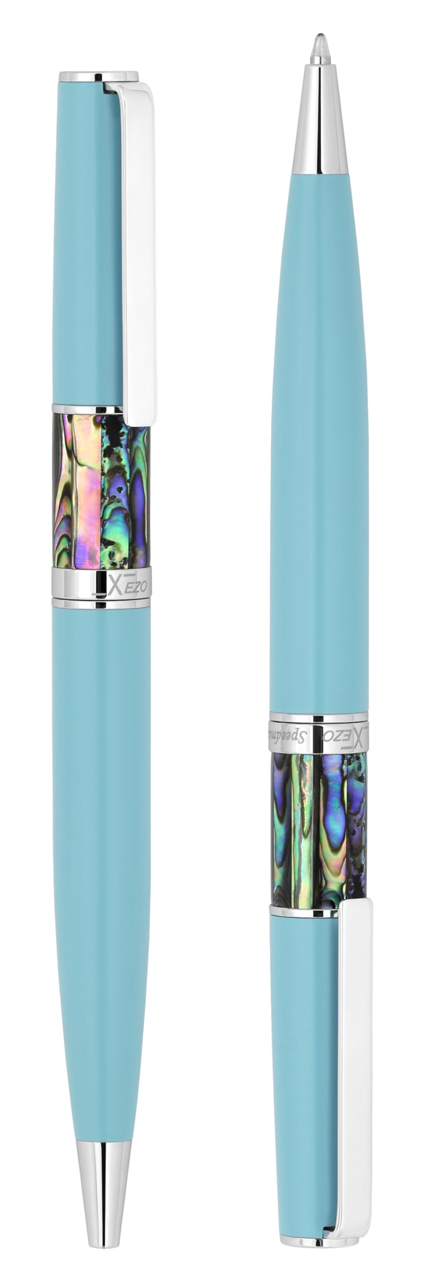 Xezo Speed Master Stylo à bille à mécanisme tournant, pointe moyenne. Bleu ciel mat avec coquille de Pāua abalone. Plaqué chrome. Corps en laiton léger. Chaque pièce unique