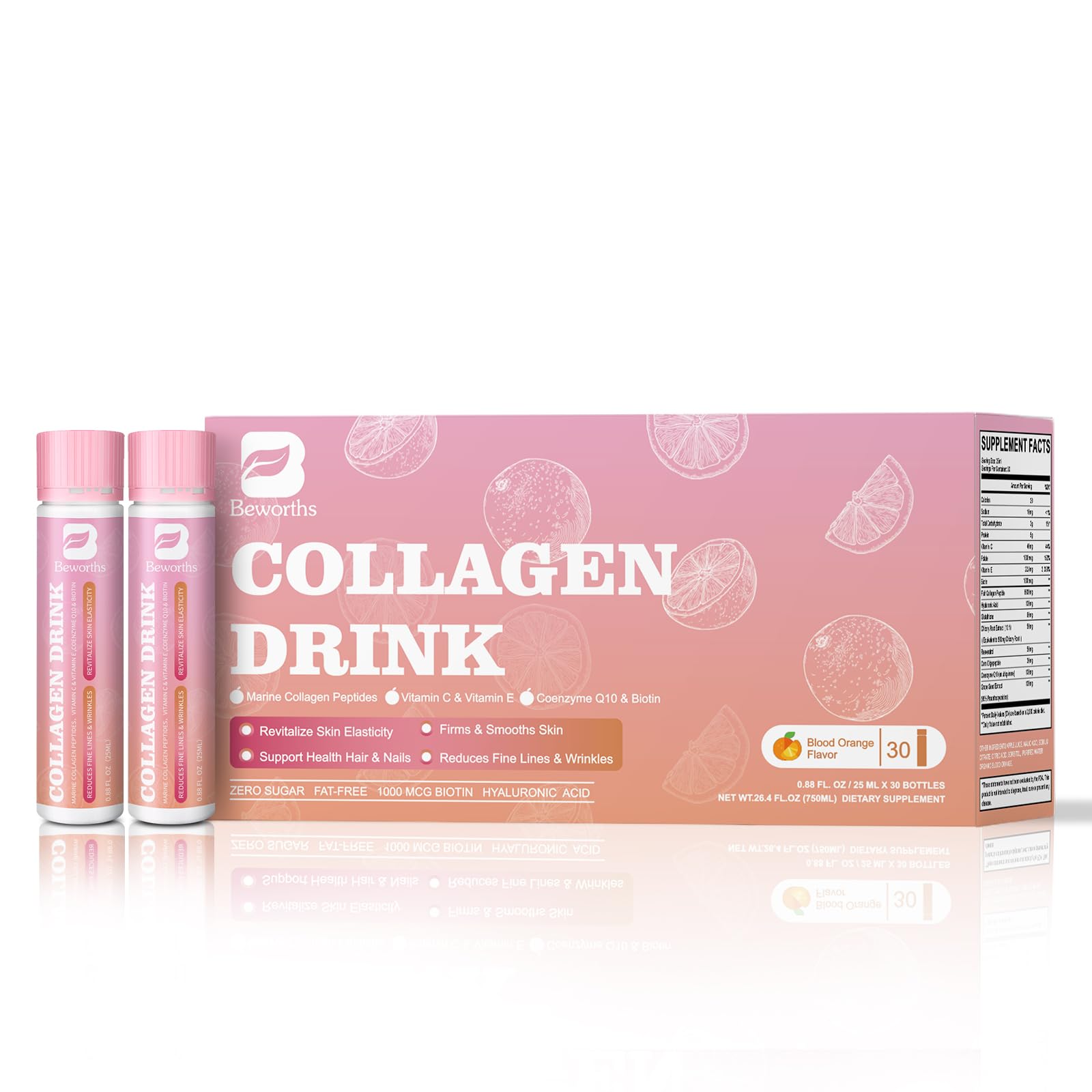 Collagen Peptides Drink, Collagen Peptides Liquid Drink with Coenzyme Q10, Hyaluronic Acid, Biotin & Vitamin C, Vitamin E, Collagen for Women Support Revitalize Skin Elasticity - Apple Flavor
