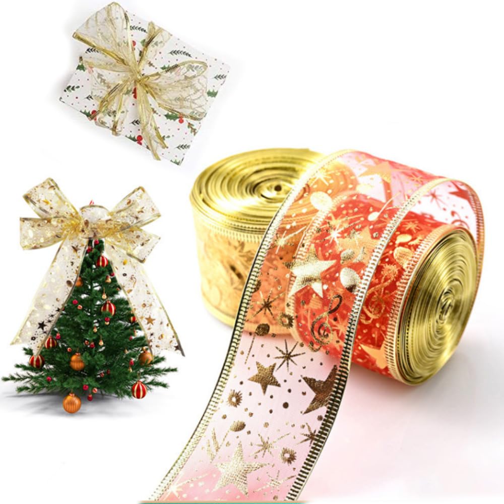 50 Yards Organzaband mit Draht Weihnachtsband 6.3CM Gold Schleifenband Geschenkband mit Sternen Musiknoten Organza Drahtband Glitzerband Weihnachtsbaum Dekoband für Party Hochzeit Kränze DIY