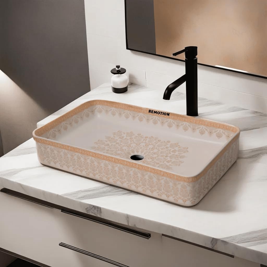 REMOTION Designer Table Top Wash Basin Vessel Sink Over Counter/Counter Top Glossy Wash Basin For Bathroom And Living Room (24 X 15 X 5 Inch) (Moroccan Design SL 92) (B0CQ8KGKM5) Amazon Price History, Amazon Price Tracker