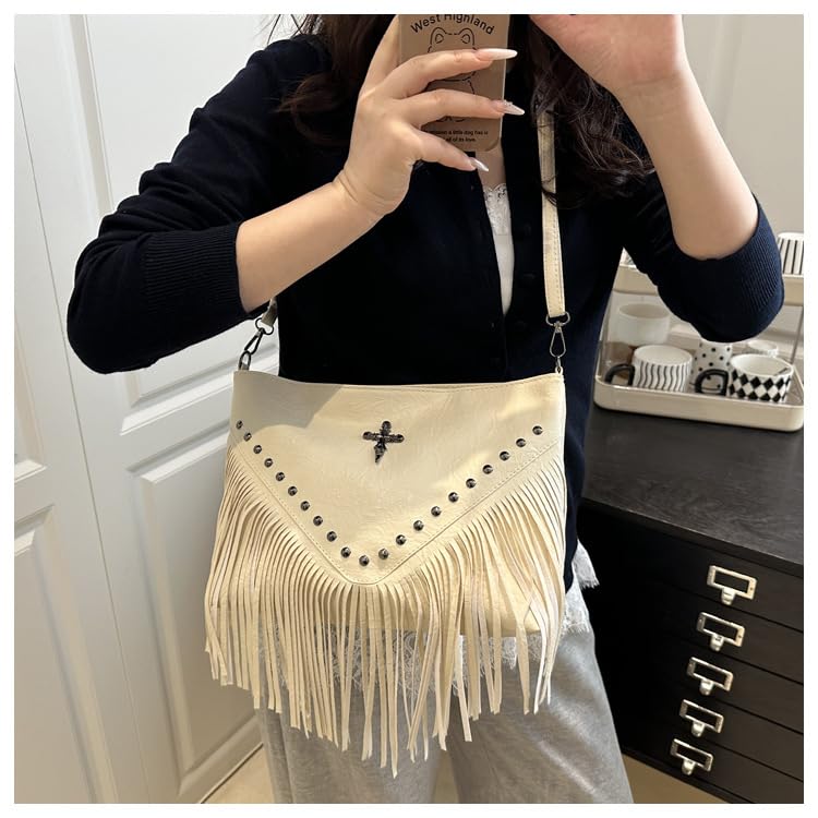 Studded Fringe Shoulder Crossbody Bag - Fashion Vintage Purse Faux Suede Handbag Tote Purse Y2k Retro Design2