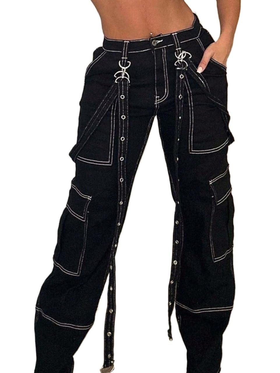 Womens High Straight Pants Cargo Pants with Grommet Belt - White Contrast Stitching X-Large