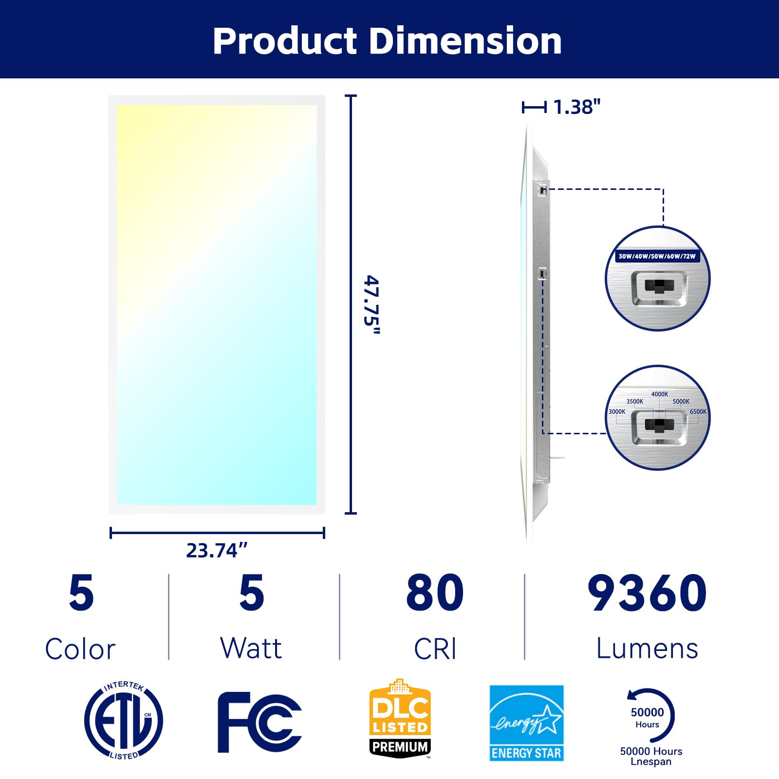 4 Pack 2x4 LED Flat Panel Light LED Drop Ceiling Light Fixture, 5 CCT 3000K-6500K Adjustable & 5 Wattage 30-72W Selectable Recessed Back-Lit Fixture for Office, ETL Listed