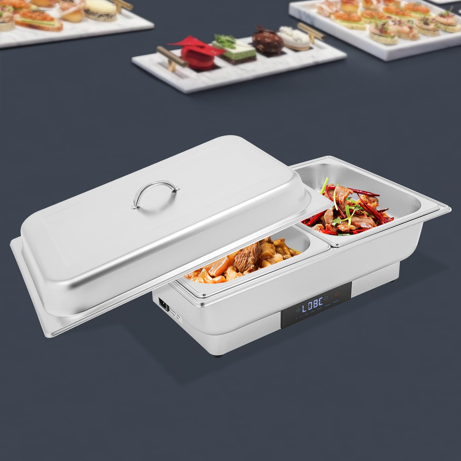 600W Electric Chafing Dish, Buffet Warmer for Catering w/Temp Control & Display, Stainless Steel Food Warming Container for Party, Banquet, Catering (Two Compartments)