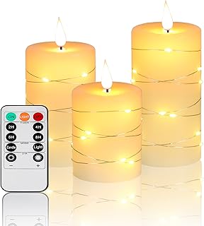 Flameless Candles With Remote, Battery Operated Candles LED Candles with string lights Flickering Candles with Timer, 4‘’ 5‘’ 6‘’ Candle For Seasonal and Festival Celebration’s Candles set of 3